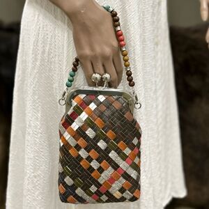 Colorful Woven Leather Handmade Kisslock Clutch/Phone Pouch/ Crossbody